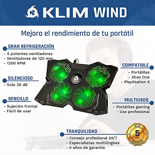 KLIM Wind + Base de refrigeración para portátil + La más Potente + Refrigerador portátil de 4 Ventiladores a 1200 RPM con Soporte + Compatible con Todos los tamaños + Verde + Nueva VERSIÓN 2021