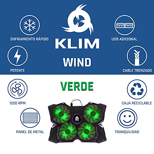 KLIM Wind + Base de refrigeración para portátil + La más Potente + Refrigerador portátil de 4 Ventiladores a 1200 RPM con Soporte + Compatible con Todos los tamaños + Verde + Nueva VERSIÓN 2021
