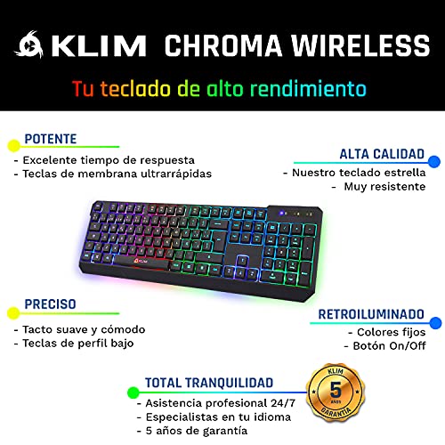 KLIM™ Chroma Wireless - Teclado inalámbrico Gaming ESPAÑOL + Teclado Gaming Ligero, Duradero, resiste al Agua, ergonómico, silencioso + Teclado Gamer PC PS4 Xbox One Mac + Nueva VERSIÓN 2021 + Negro