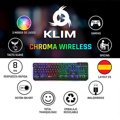 KLIM™ Chroma Wireless - Teclado inalámbrico Gaming ESPAÑOL + Teclado Gaming Ligero, Duradero, resiste al Agua, ergonómico, silencioso + Teclado Gamer PC PS4 Xbox One Mac + Nueva VERSIÓN 2021 + Negro
