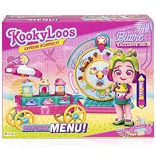 KOOKYLOOS Mystery Menu – Carrito de batidos con más de 15 accesorios y muñeca exclusiva con 3 expresiones divertidas. Incluye accesorios de moda, zapatos, vestidos y juguetes