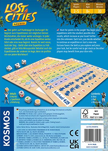 Kosmos 680589 Lost Cities Roll & Write, el Popular Juego de Aventura como Juego de Dados con Bloque y Seis Dados, para 2 a 5 Personas, Juego de Mesa para Adultos y niños a Partir de 8 años