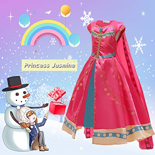 Kosplay Niña Aladdin Princesa Jasmine Disfraz Rosa roja Traje Cosplay Actuación Carnaval Navidad Regalo Cumpleaños Vestido de Princesa 3-10Años 100-150cm