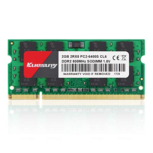 Kuesuny 2GB PC2 6400 2Rx8 PC2-6400S CL6 DDR2 SODIMM 800MHZ 1.8V DDR2-800 200pin Non-ECC Memoria RAM para computadora portátil SODIMM sin búfer para iMac Intel, Sistema AMD