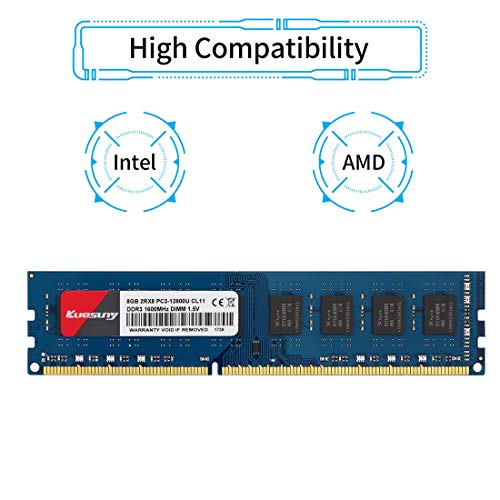 Kuesuny Kit de 16 GB (2 x 8 GB) DDR3 1600 MHz Udimm Ram PC3-12800 PC3-12800U 1.5V CL11 240 Pin 2RX8 Dual Rank Non-ECC sin búfer de escritorio Memoria RAM Módulo Actualización