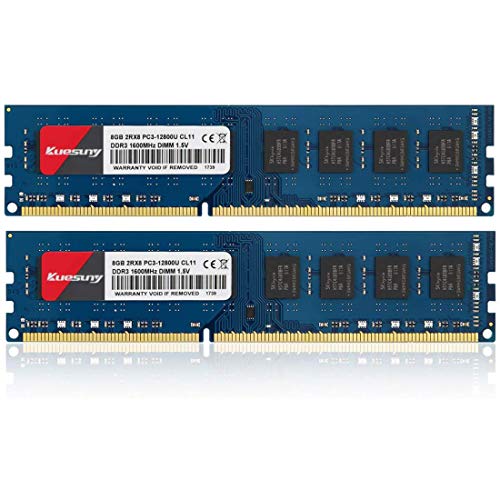 Kuesuny Kit de 16 GB (2 x 8 GB) DDR3 1600 MHz Udimm Ram PC3-12800 PC3-12800U 1.5V CL11 240 Pin 2RX8 Dual Rank Non-ECC sin búfer de escritorio Memoria RAM Módulo Actualización