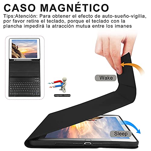 KVAGO Teclado Inalámbrico para iPad 9ª Gen 2021/8ª Gen 2020/7ª Gen 2019 (10,2 Pulgadas), Funda con Español Teclado Bluetooth Desmontable para iPad 10.2/iPad Air 3 /iPad Pro 10.5, Negro