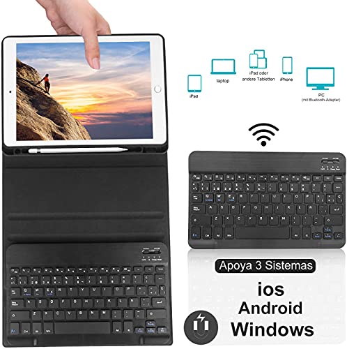 KVAGO Teclado Inalámbrico para iPad 9ª Gen 2021/8ª Gen 2020/7ª Gen 2019 (10,2 Pulgadas), Funda con Español Teclado Bluetooth Desmontable para iPad 10.2/iPad Air 3 /iPad Pro 10.5, Negro