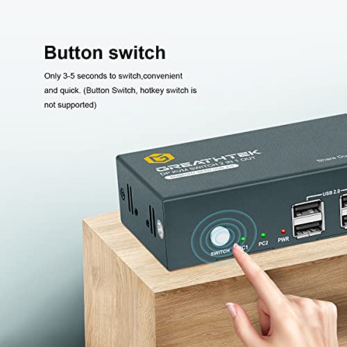 KVM Switch DisplayPort Dual Monitor USB 2 Puertos 4K@60Hz, USB2.0, KVM Switch 2 Monitors 2 Computers, HDCP2.2, HDMI2.0, Interruptor de Botón,Ultra HD, Con Cables