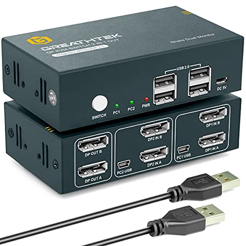 KVM Switch DisplayPort Dual Monitor USB 2 Puertos 4K@60Hz, USB2.0, KVM Switch 2 Monitors 2 Computers, HDCP2.2, HDMI2.0, Interruptor de Botón,Ultra HD, Con Cables