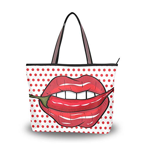 Labios rojos Polka Dot Comics Print Chili Purse Compras para mujeres Niñas Señoras Estudiantes Bolsos de hombro Bolsos Ligero Correa Tote Bag