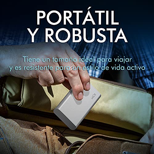 LaCie Portable SSD, 1 TB, Unidad de estado sólido externa, USB-C, USB 3.2 gen 2, con velocidades de hasta 1.050 MB/s, color plateado lunar para PC, Mac y iPad, con servicios Rescue (STKS1000400)