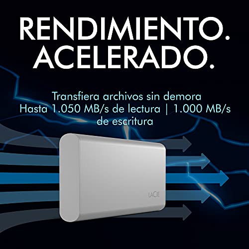 LaCie Portable SSD, 1 TB, Unidad de estado sólido externa, USB-C, USB 3.2 gen 2, con velocidades de hasta 1.050 MB/s, color plateado lunar para PC, Mac y iPad, con servicios Rescue (STKS1000400)