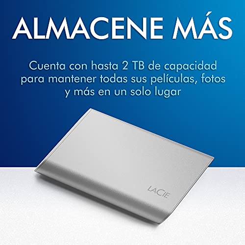 LaCie Portable SSD, 1 TB, Unidad de estado sólido externa, USB-C, USB 3.2 gen 2, con velocidades de hasta 1.050 MB/s, color plateado lunar para PC, Mac y iPad, con servicios Rescue (STKS1000400)