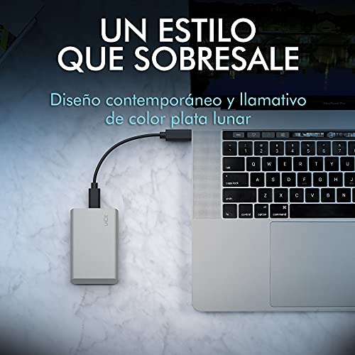 LaCie Portable SSD, 1 TB, Unidad de estado sólido externa, USB-C, USB 3.2 gen 2, con velocidades de hasta 1.050 MB/s, color plateado lunar para PC, Mac y iPad, con servicios Rescue (STKS1000400)