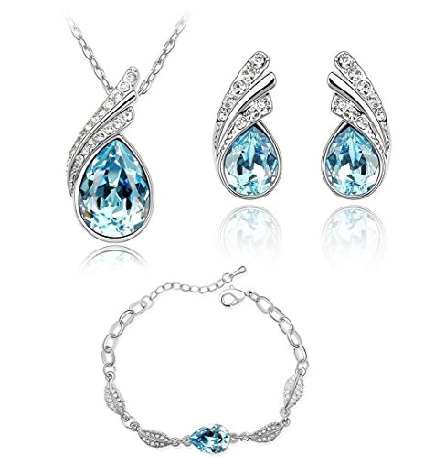 Lágrimas Crystals from Swarovski Azul Aguamarina simulada Juego de joyas Collar Pendientes Pulsera 18k Chapado en oro blanco