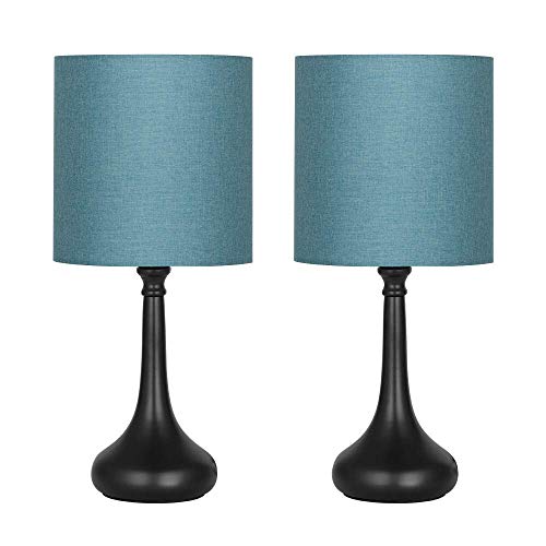 Lámpara de mesa – Juego de 2 lámparas de mesita de noche, lámpara de escritorio moderna con pie de metal y pantalla de tela, para dormitorio, salón, oficina, color azul