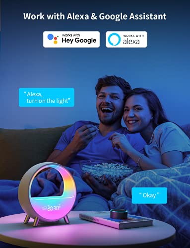 Lámpara de Noche Inteligente Amouhom Reloj Despertador con Altavoz de Alta Fidelidad Bluetooth 5.0, Máquina de Sonido, Fnciona con Alexa y Google Assistant