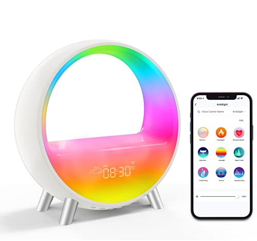 Lámpara de Noche Inteligente Amouhom Reloj Despertador con Altavoz de Alta Fidelidad Bluetooth 5.0, Máquina de Sonido, Fnciona con Alexa y Google Assistant
