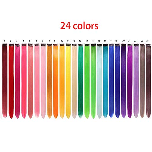 LANSE extensiones de pelo de colores en el clip 24 PC / paquete de 24 colores del arco iris 21inch sintético pelo largo recta seleccionada para mujeres niñas niños regalos (Colorido)