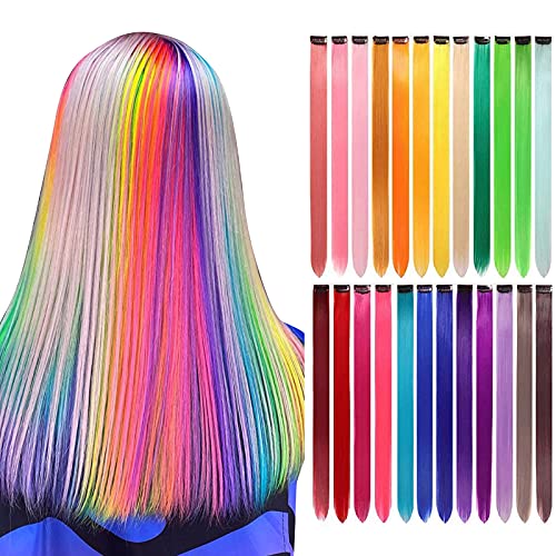 LANSE extensiones de pelo de colores en el clip 24 PC / paquete de 24 colores del arco iris 21inch sintético pelo largo recta seleccionada para mujeres niñas niños regalos (Colorido)