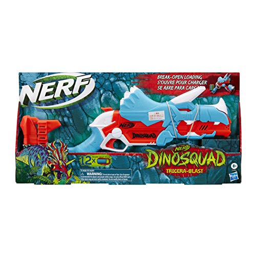 Lanzador Nerf DinoSquad Tricera-Blast, Carga de 3 Dardos con Apertura, 12 Dardos Nerf, Porta-Dardos, diseño de Dinosaurio Triceratops