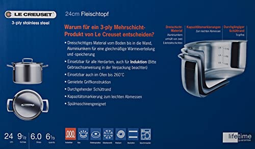 Le Creuset 3-Ply Olla con tapa, diametro 24 cm, Acero inoxidable, Volumen 6 L, Para todo tipo de fuentes de calor incluso inducción, Metálico