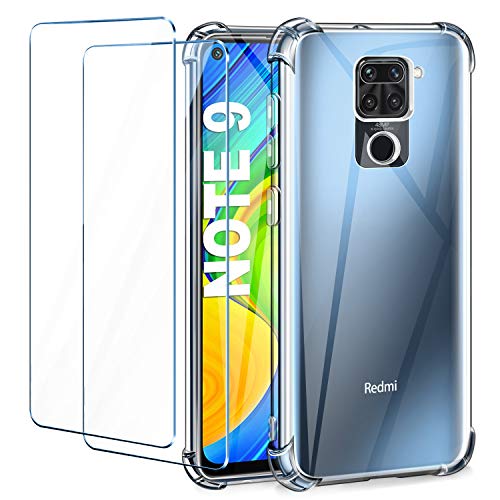 LeathLux Funda Compatible con Xiaomi Redmi Note 9, 2 Pack Cristal Templado Protector de Pantalla, Ultra Fina Silicona Transparente TPU Funda y Protector Compatible con Xiaomi Redmi Note 9