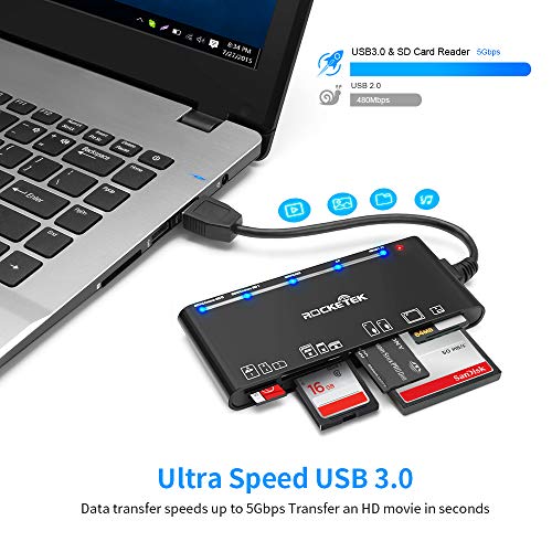 Lector de tarjetas USB 3.0,Lector de tarjetas de memoria Rocketek 7 en 1,USB 3.0 (5Gbps) CF/SD/TF/XD/MS/Micro SD de alta velocidad Lector de tarjetas todo en uno para Windows XP/Vista/Mac OS/Linux,etc