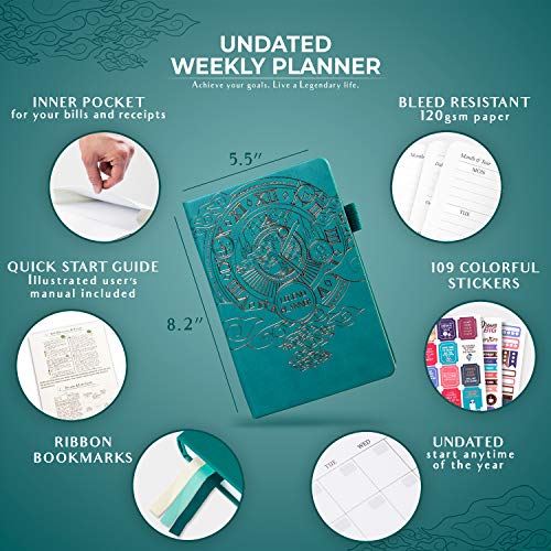 Legend Planner - Planificador de vida semanal y mensual de lujo para alcanzar tus metas y vivir más feliz en 2019. Organizador, cuaderno de productividad - A5, Sin fecha (Viridián)