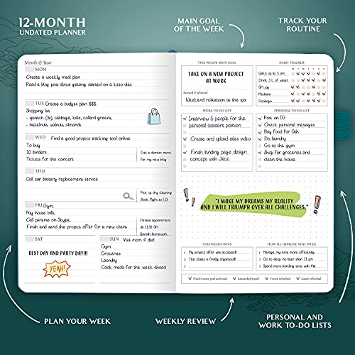 Legend Planner - Planificador de vida semanal y mensual de lujo para alcanzar tus metas y vivir más feliz en 2019. Organizador, cuaderno de productividad - A5, Sin fecha (Viridián)