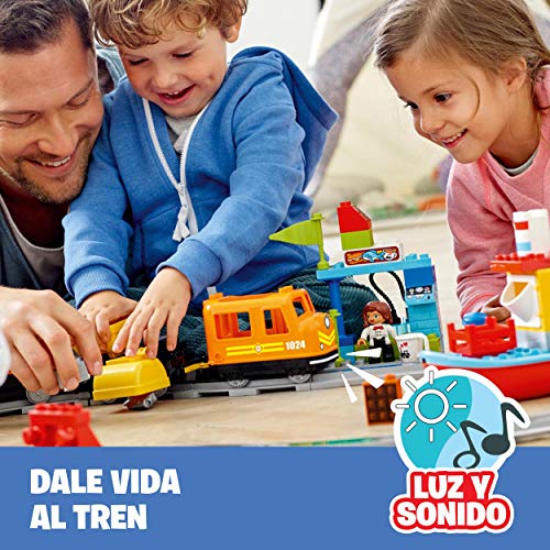LEGO 10875 Duplo Town Tren de mercancías, Juguete de Construcción para Niños y Niñas 2 años con Grúas, Barco, 3 Figuras