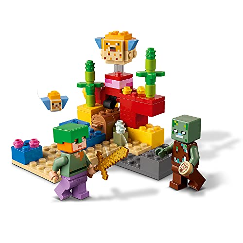 LEGO 21164 Minecraft El Arrecife de Coral Set de Construcción con Alex, Pez Globo de 2 Ladrillos y Zombie Ahogado