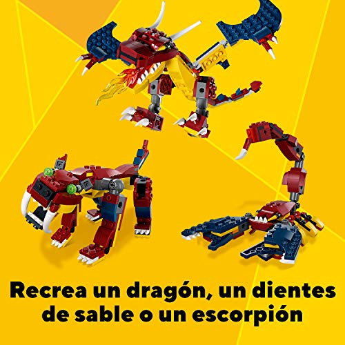 LEGO 31102 Creator 3en1 Dragón Llameante, Tigre y Escorpión, Set de Construcción de Figuras de Animales, Juguete para Niños
