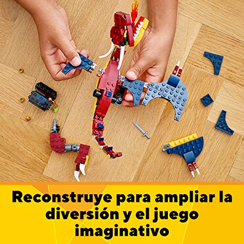 LEGO 31102 Creator 3en1 Dragón Llameante, Tigre y Escorpión, Set de Construcción de Figuras de Animales, Juguete para Niños