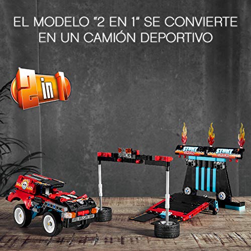 LEGO 42106 Technic Espectáculo Acrobático: Camión y Moto, Juguete de Construcción con Aro de Fuego para Acrobacias