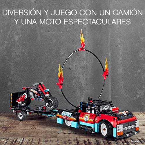 LEGO 42106 Technic Espectáculo Acrobático: Camión y Moto, Juguete de Construcción con Aro de Fuego para Acrobacias