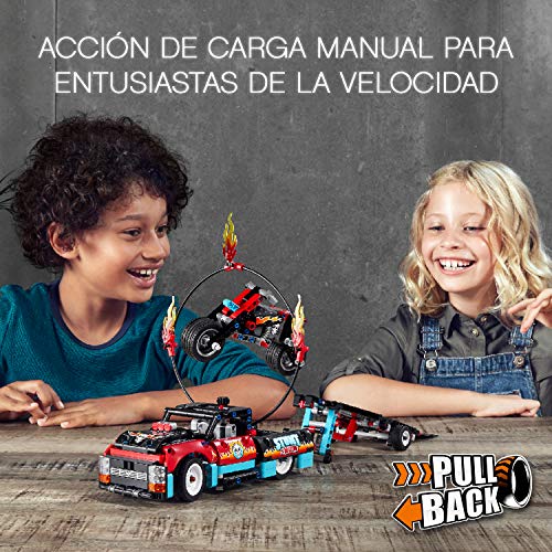LEGO 42106 Technic Espectáculo Acrobático: Camión y Moto, Juguete de Construcción con Aro de Fuego para Acrobacias