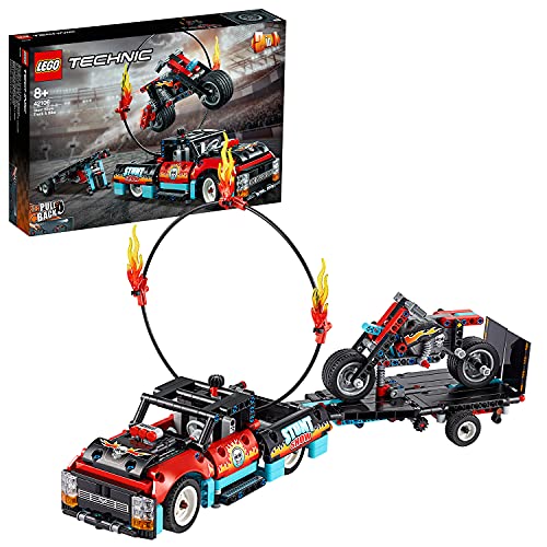 LEGO 42106 Technic Espectáculo Acrobático: Camión y Moto, Juguete de Construcción con Aro de Fuego para Acrobacias