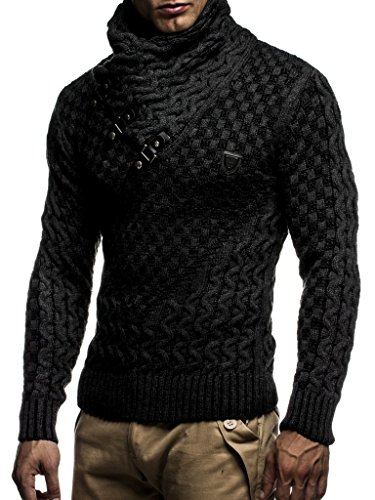 Leif Nelson Jersey de Punto Grueso Chal Collar de los Hombres de LN-5255 Antracita Negro Large