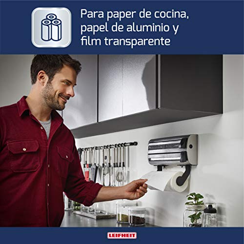 Leifheit Portarrollos de pared Parat Royal para 3 rollos, porta rollos para un corte limpio, portarrollos de cocina de acero inoxidable