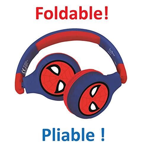 LEXIBOOK- Spiderman Auriculares Bluetooth 2 en 1-Estéreo inalámbrico, Seguro niñas, Plegable, Ajustable, Rojo/Azul