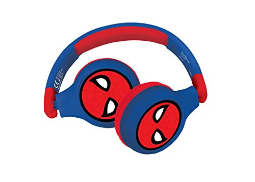 LEXIBOOK- Spiderman Auriculares Bluetooth 2 en 1-Estéreo inalámbrico, Seguro niñas, Plegable, Ajustable, Rojo/Azul