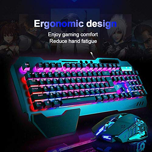LexonElec Juegos de Teclado y Mouse para Juegos K618 con Cable RGB LED retroiluminado 104 Teclas Resto de la Mano USB Gamer Teclado Metal + 2400DPI Optical 6 Botones PC Game Mouse + Mousepad