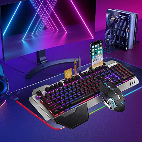 LexonElec Juegos de Teclado y Mouse para Juegos K618 con Cable RGB LED retroiluminado 104 Teclas Resto de la Mano USB Gamer Teclado Metal + 2400DPI Optical 6 Botones PC Game Mouse + Mousepad