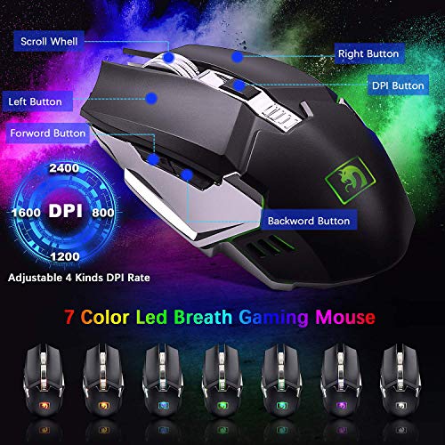 LexonElec Juegos de Teclado y Mouse para Juegos K618 con Cable RGB LED retroiluminado 104 Teclas Resto de la Mano USB Gamer Teclado Metal + 2400DPI Optical 6 Botones PC Game Mouse + Mousepad