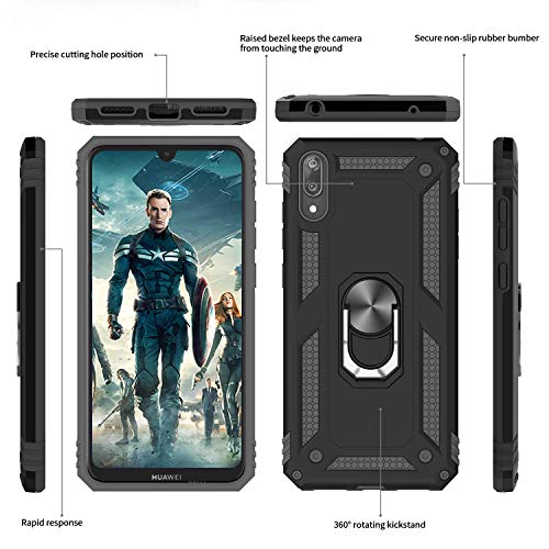 LeYi Funda Huawei Y7 2019 Armor Carcasa con 360 Anillo iman Soporte Hard PC y Silicona TPU Bumper antigolpes Fundas Carcasas Case para movil Huawei Y7 con HD Protector de Pantalla,Negro