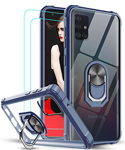 LeYi Funda Samsung Galaxy A51 con [2-Unidades] Cristal Vidrio Templado,Transparente Carcasa con 360 Grados iman Soporte Silicona Bumper Antigolpes Armor Case para Movil A51,Clear Azul