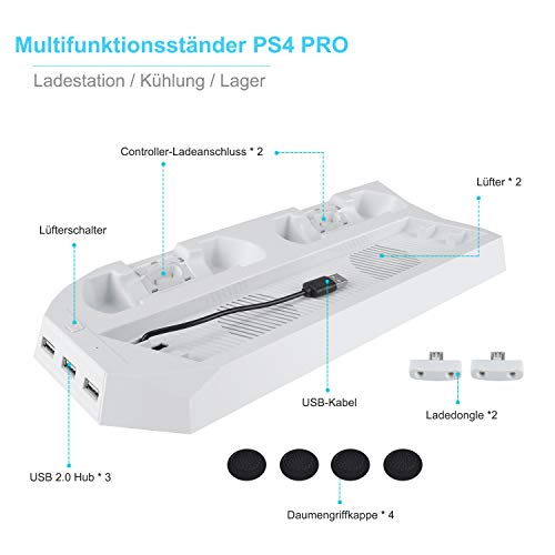 LIDIWEE Soporte vertical para PS4 Pro, estación de carga para PS4 Pro, consola Playstation 4 Pro, ventilador de refrigeración, controlador de ventilador, 3 puertos USB, color blanco
