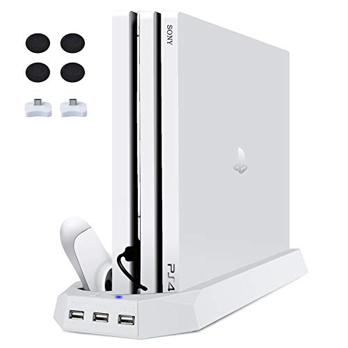 LIDIWEE Soporte vertical para PS4 Pro, estación de carga para PS4 Pro, consola Playstation 4 Pro, ventilador de refrigeración, controlador de ventilador, 3 puertos USB, color blanco